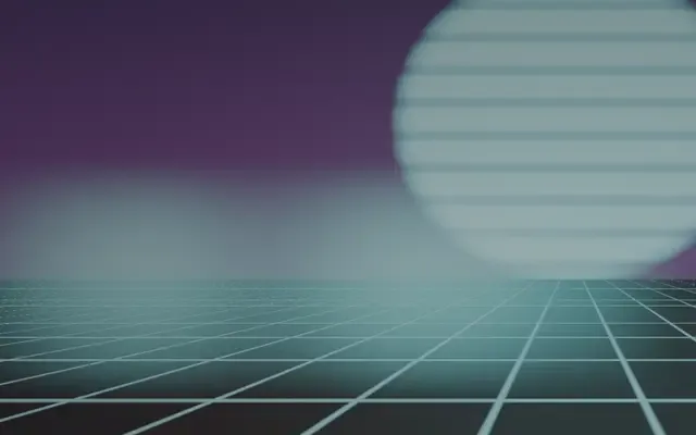 Synthwave — Una grilla neón que corre hasta el sol en el horizonte. Las notas encienden la línea del horizonte.